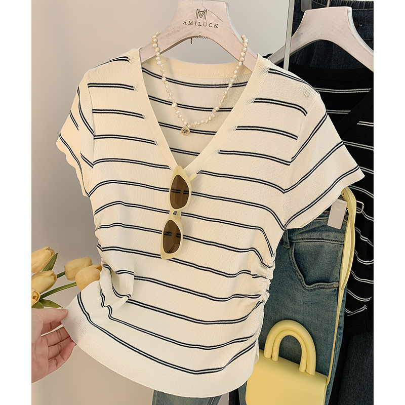 黑白条纹v领针织短袖T恤女2024年夏新款修身小衫短款收腰正肩上衣