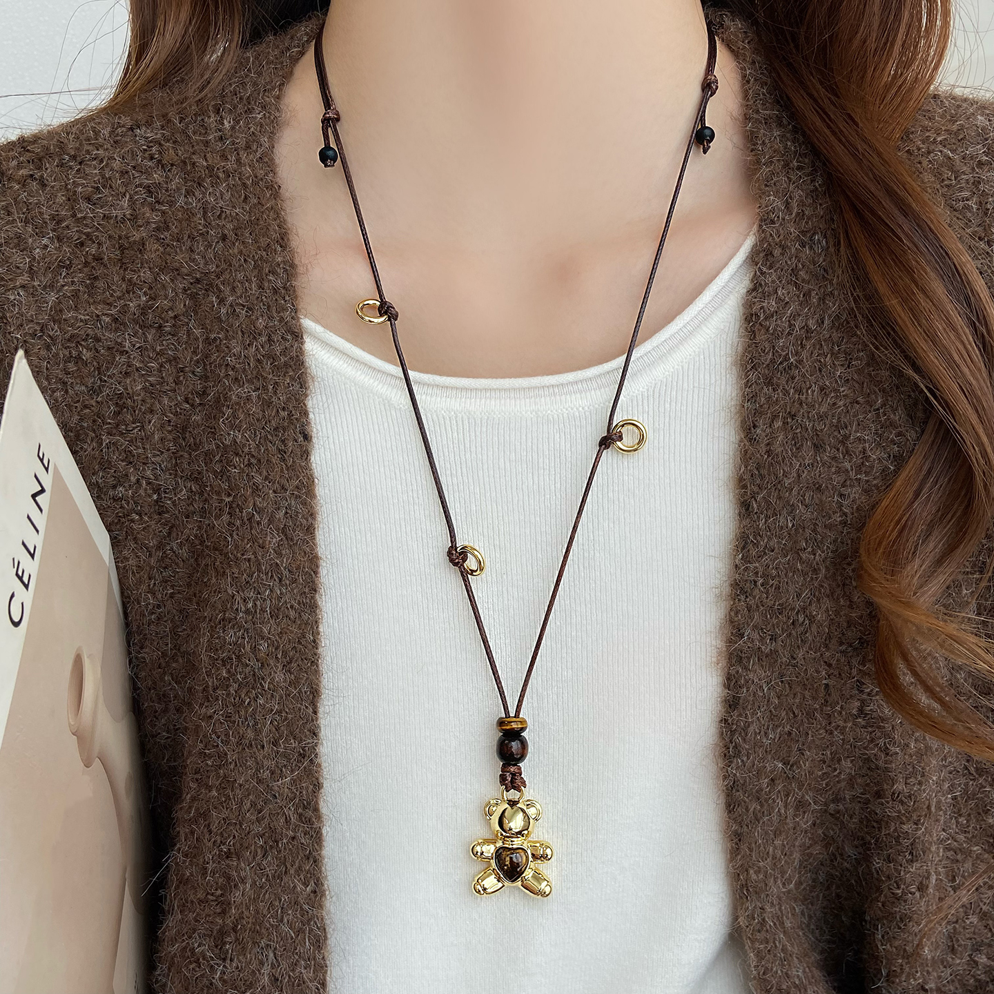 秋冬小熊可爱皮绳毛衣项链毛衣链长款时尚女