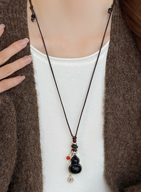 新款秋冬皮绳葫芦长款项链毛衣链