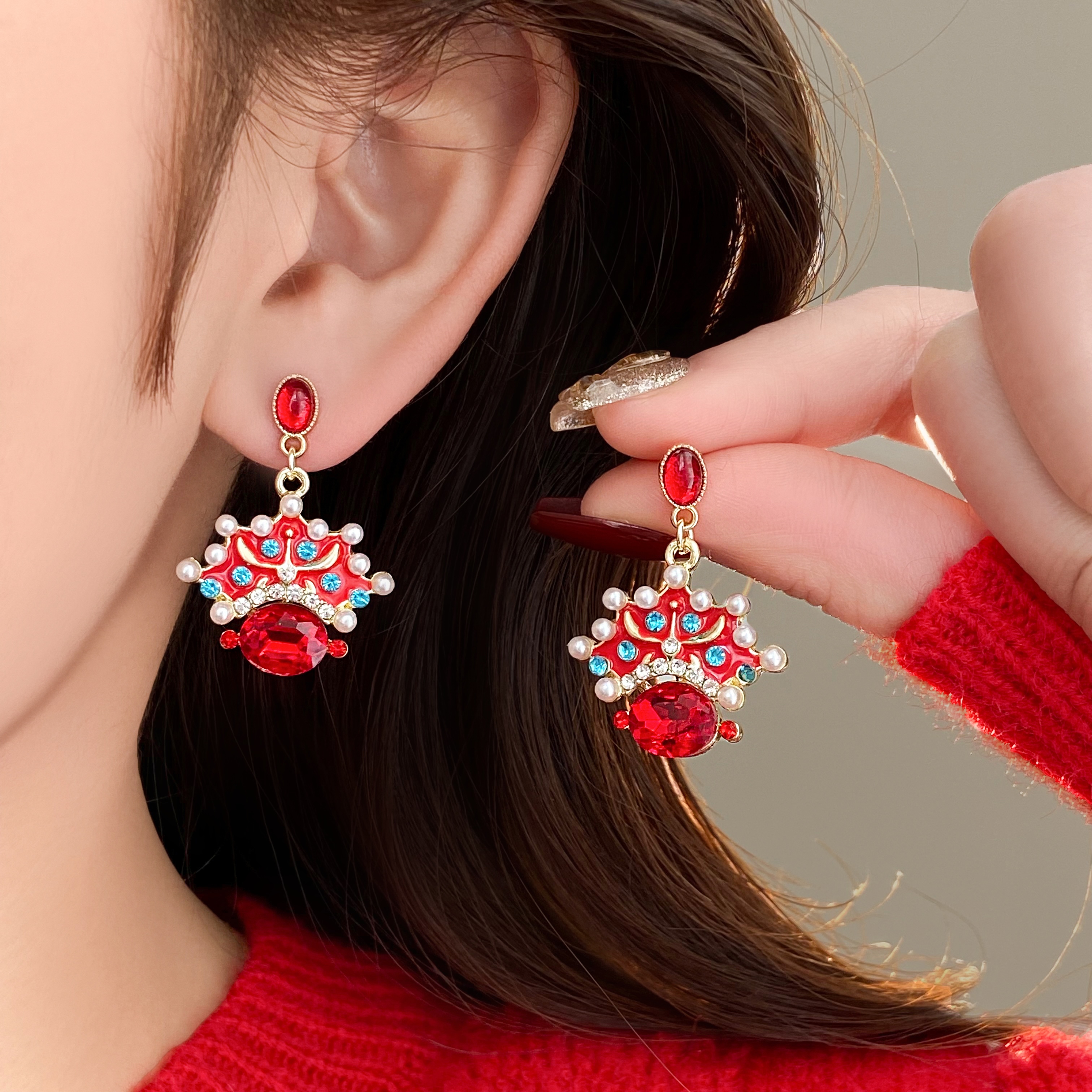 红色脸谱京剧耳环过年戴的耳环女