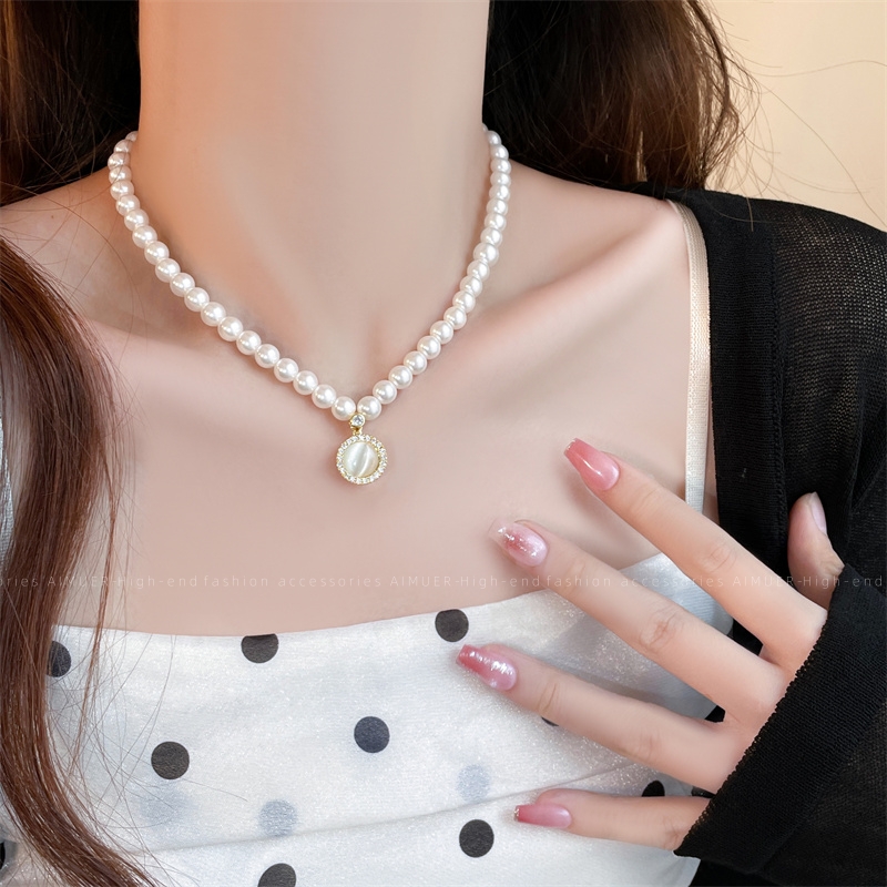 新款法式复古猫眼石珍珠项链女