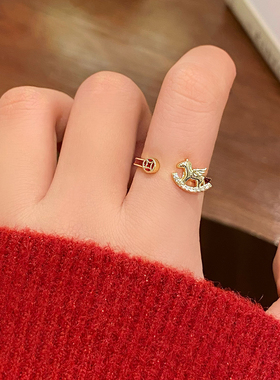 马年小马红色铜钱戒指开口戒指女