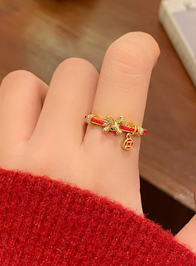 新款红色马上有钱铜钱戒指本命年