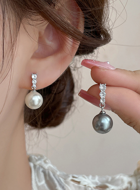高级灰色珍珠耳钉女锆石长款耳坠法式气质耳环潮2025年新款潮耳饰