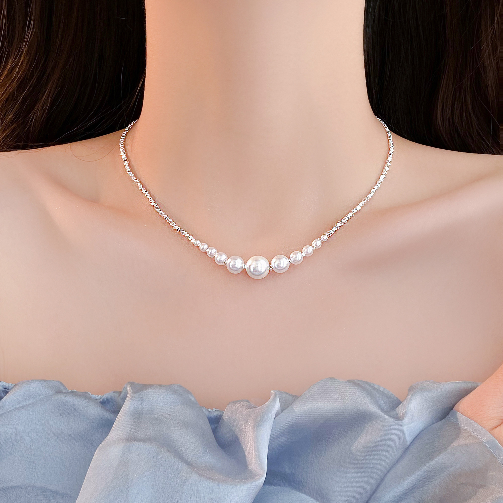 碎银子珍珠颈链项链甜酷女2025新款爆款轻奢小众女士锁骨链配饰