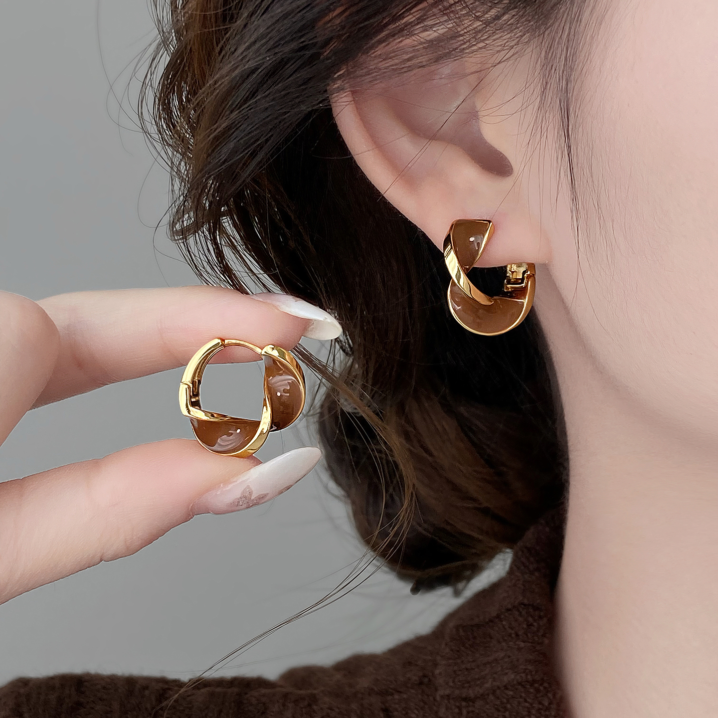 新款秋冬美拉德咖色耳扣耳环轻奢高级简约