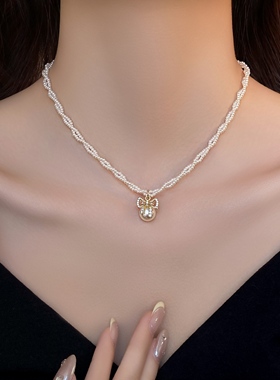 新款蝴蝶结珍珠吊坠双层珍珠项链