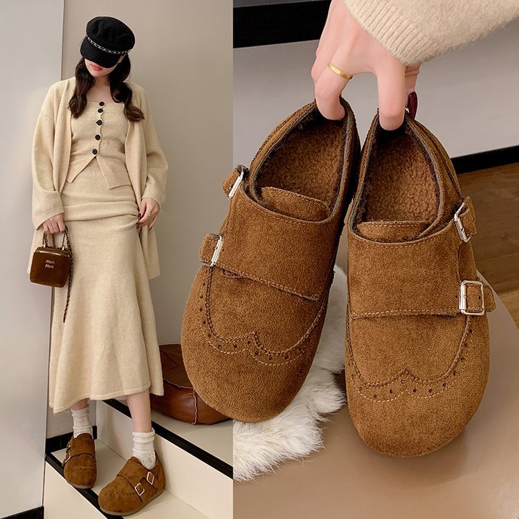 韩版绒面勃肯鞋女2025冬季新款平底加绒防滑懒人保暖单鞋时尚棉鞋