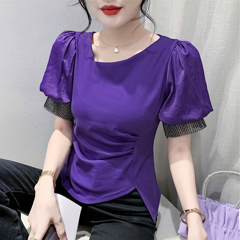不规则开叉泡泡袖t恤女装钉珠烫钻网格拼接上衣洋气修身减龄短袖