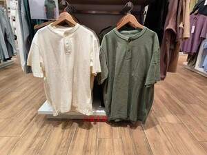 试衣间2023夏 男装水洗竹节纱亨利领套头衫休闲复古短袖T恤455363