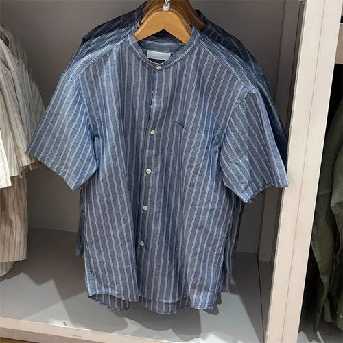 亚麻短袖衬衣棉麻条纹立领衬衫