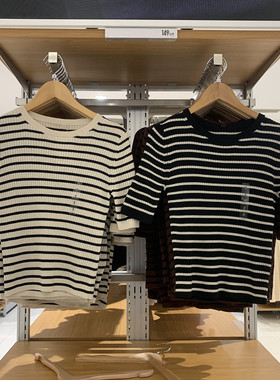 小蓉女装精纺美利奴罗纹圆领条纹针织衫5分袖套头毛衣上衣C472272