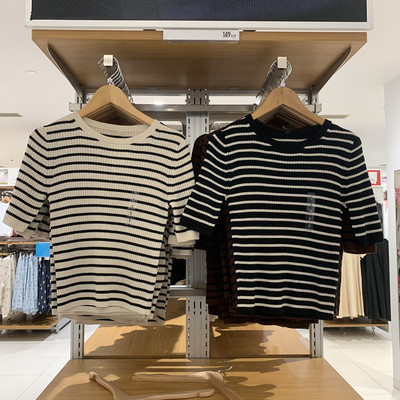 装精纺美利奴罗纹圆领条纹针织衫