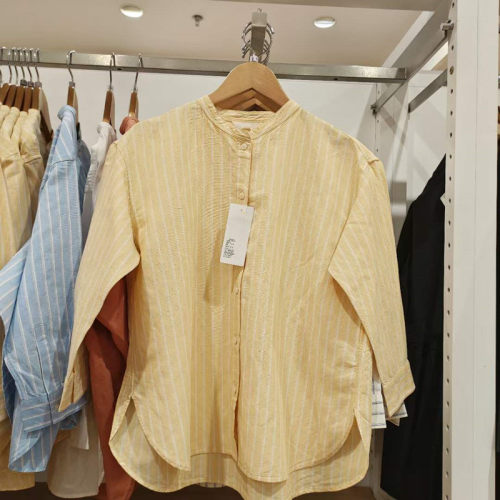 麻混纺条纹立领衬衫七分袖