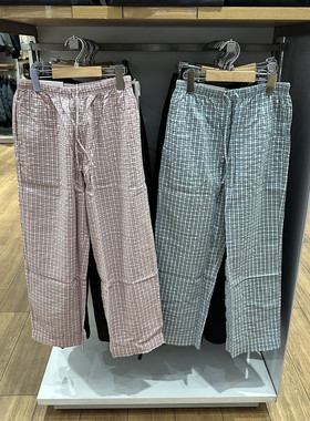 女装2026春夏新款泡泡纱格子松紧长裤休闲宽松直筒裤阔腿裤483910