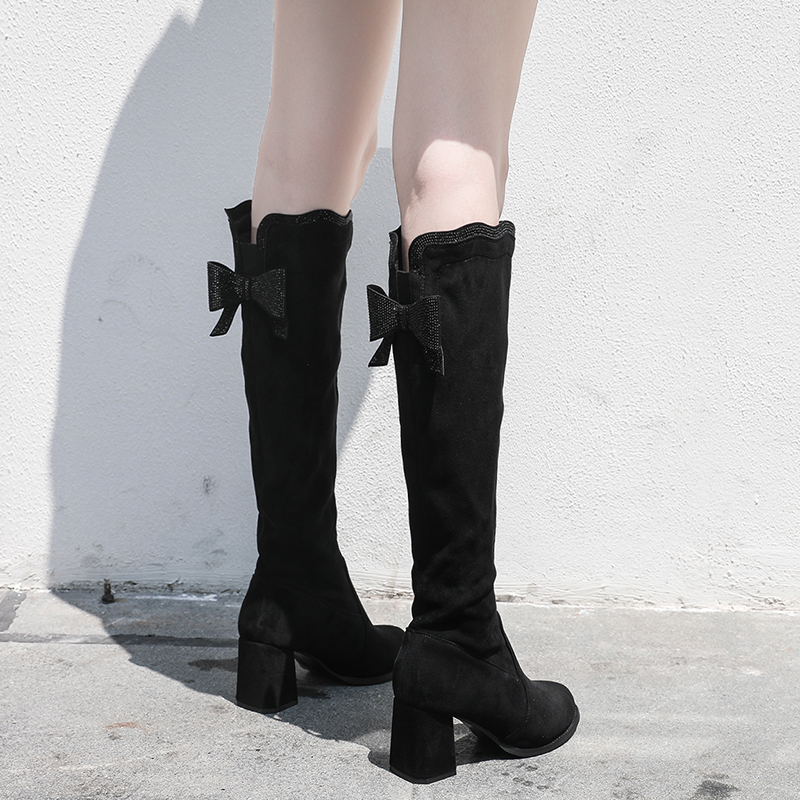 蝴蝶结秋冬新款欧美绒面及膝靴