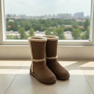 曼三欧美棕色毛毛雪地靴女冬季保暖中筒加绒厚底短靴平底卷毛靴子