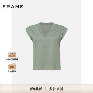 FRAME女士军绿色V领打底基础飞袖 上衣T恤