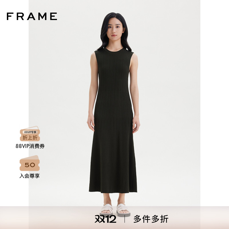 FRAME女士黑色无袖针织连衣裙收腰长裙法式