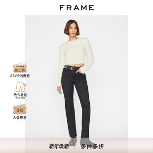 FRAME女士春秋黑色高腰直筒牛仔裤 高弹力