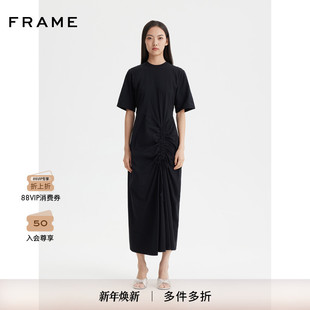 FRAME女士黑色短袖 圆领连衣裙抽绳褶皱简约
