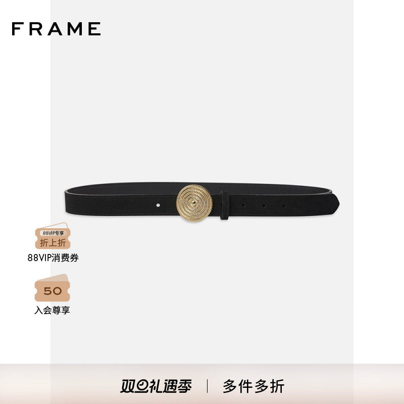 FRAME女士配饰黑色细长款圆扣牛皮革复古腰带