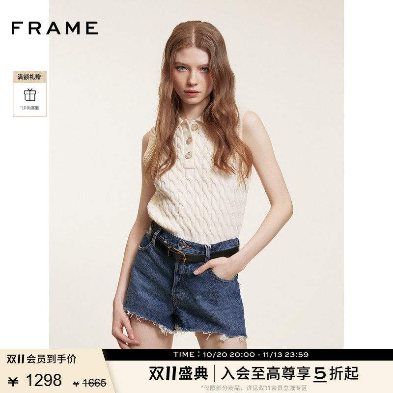 FRAME女士中腰毛边设计破洞牛仔短裤 THE HANG