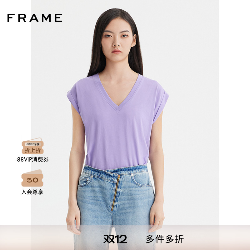 FRAME女士V领短袖纯色T恤宽松休闲上衣