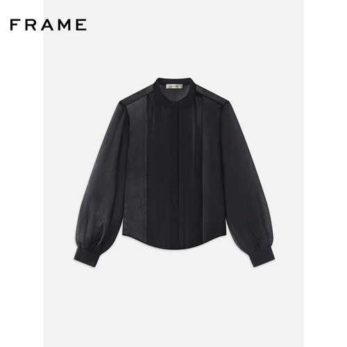 FRAME女士黑色桑蚕丝立领钉珠装饰衬衫
