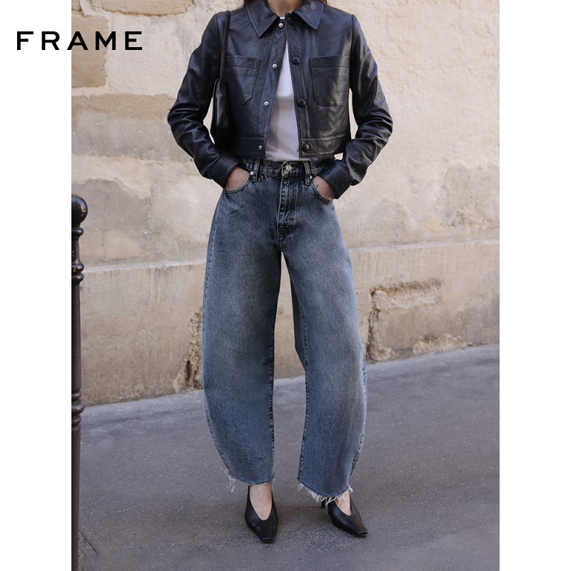 【2025早秋新款】FRAME女士高腰桶型毛边牛仔裤THE BUBBLE CROP