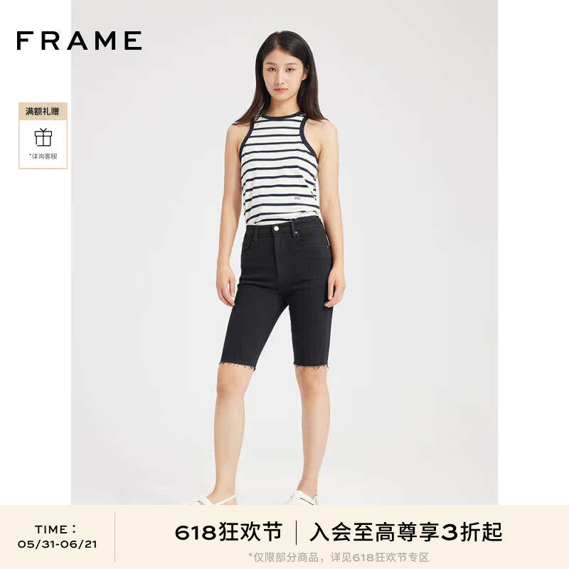 【618抢先购】FRAME女士夏季高腰微弹牛仔短裤骑行裤五分裤复古