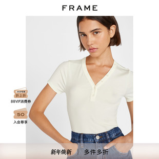 修身 FRAME白色短袖 款 春季 内搭 V领纽扣上衣女式