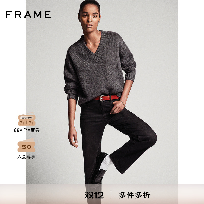 FRAME女士灰色V领宽松休闲毛衣oversize日常通勤