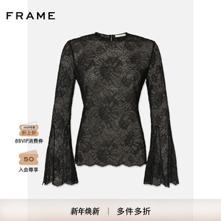 法式 FRAME女士黑色圆领浪漫飘袖 蕾丝衬衫