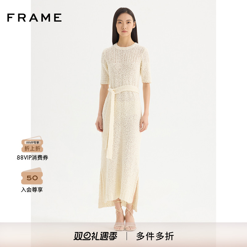 FRAME女士短袖圆领针织连衣裙绑带收腰慵懒度假