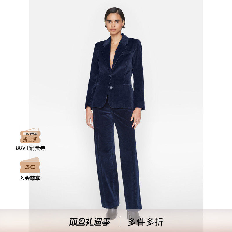 FRAME女士深蓝色灯芯绒高腰宽松直筒休闲裤西裤