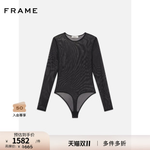 修身 网纱连体打底衫 FRAME女士黑色长袖 T恤上衣 秋冬新款