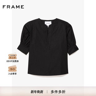 FRAME女士V领黑色泡泡袖 套头上衣 短袖