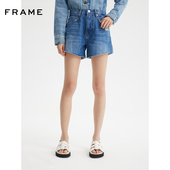 FRAME女士A字型蓝色牛仔短裤 毛边裁剪设计硬挺版
