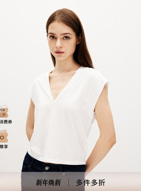 FRAME女士V领夏季美式复古宽松T恤棉短袖上衣纯色 LE HIGH RISE