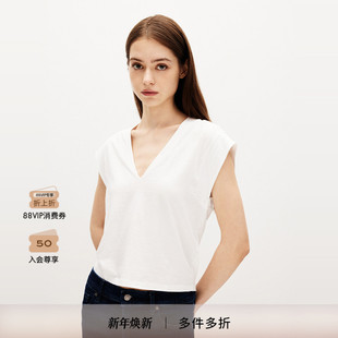 美式 HIGH 复古宽松T恤棉短袖 RISE 上衣纯色 FRAME女士V领夏季