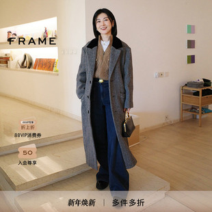 FRAME女士人字纹长款 拼接翻领桶形风衣外套大衣