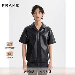 上装 黑色羊皮革衬衫 新年刺绣短袖 FRAME男士