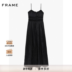 FRAME女士黑色褶皱吊带连衣裙高腰线长裙设计感