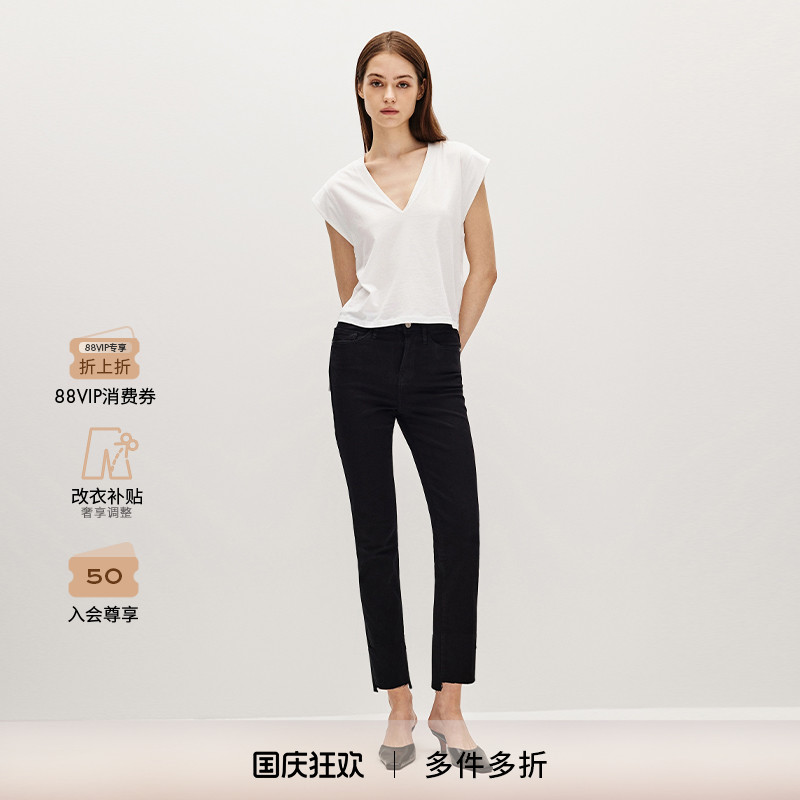 FRAME女士经典高腰高弹直筒不规则裤脚牛仔裤 LHSTRS403FLMN