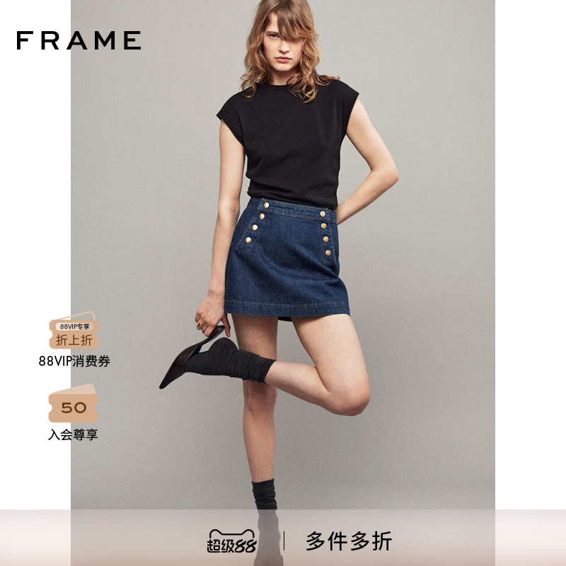 FRAME女士金属纽扣牛仔短裙深蓝色A字裙裙子复古