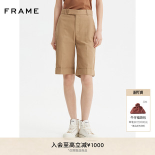 FRAME女士高腰卡其色五分裤 卷边设计复古