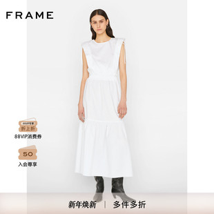 FRAME女士白色肩部抽褶连衣裙长裙下摆开叉