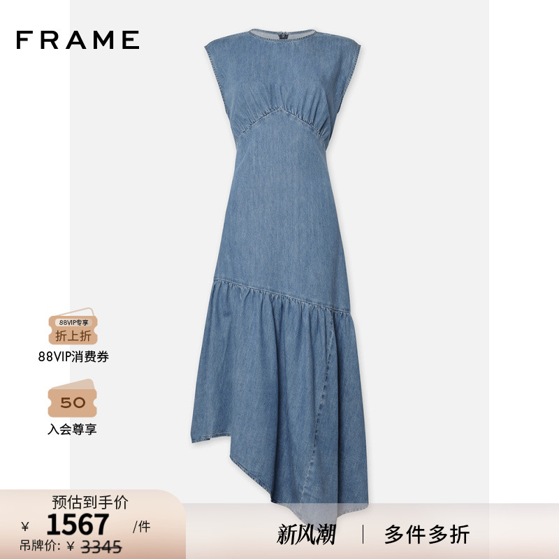 【新款】FRAME女士无袖收腰牛仔连衣裙长裙法式复古度假风