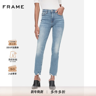 脚设计HIGH 毛边裤 STRAIGHT 长裤 FRAME女士浅蓝色高腰直筒牛仔裤